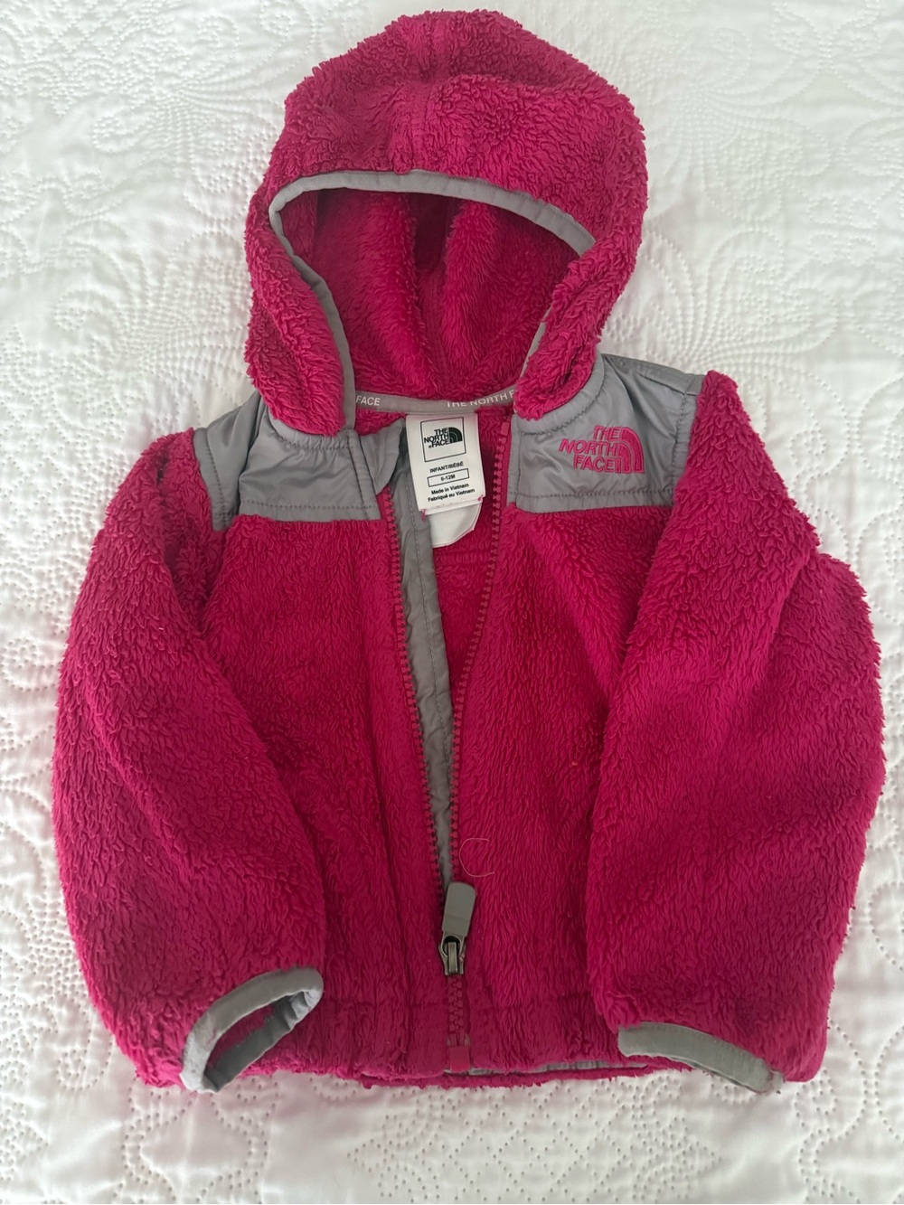 The North Face Girls' Bright Pink Hooded Sherpa Jacket with Gray Trim
